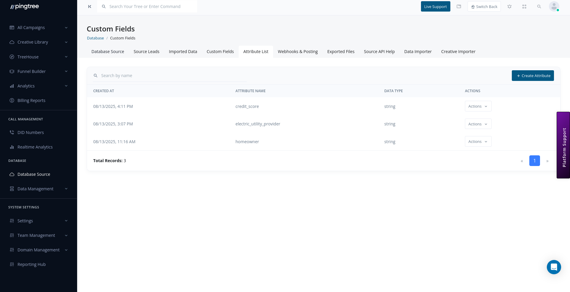 Attribute List with attribute names, data types, and actions