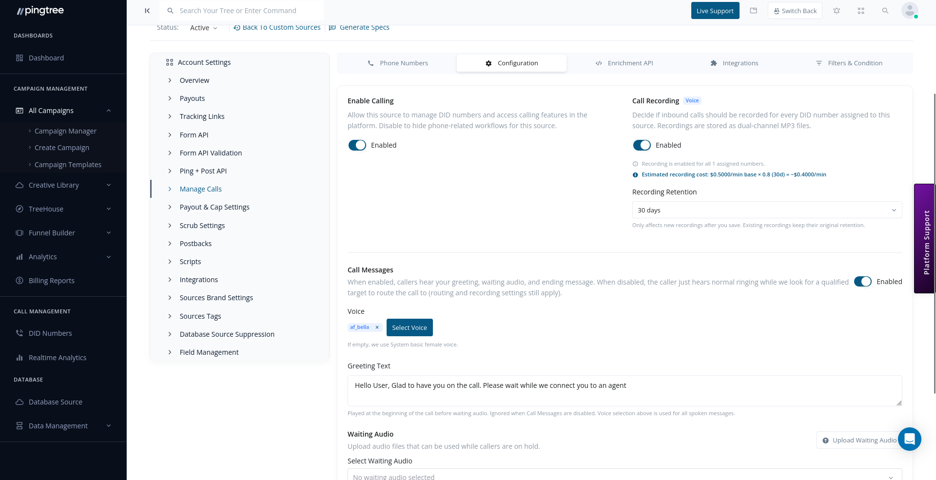 Call configuration with enable calling, recording, retention, greeting text, and waiting audio