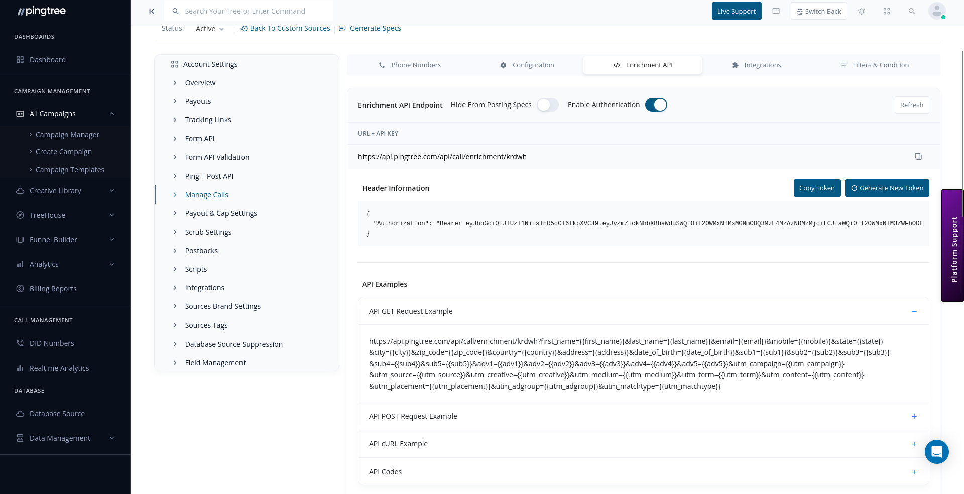 Enrichment API endpoint with authentication token, GET and POST request examples