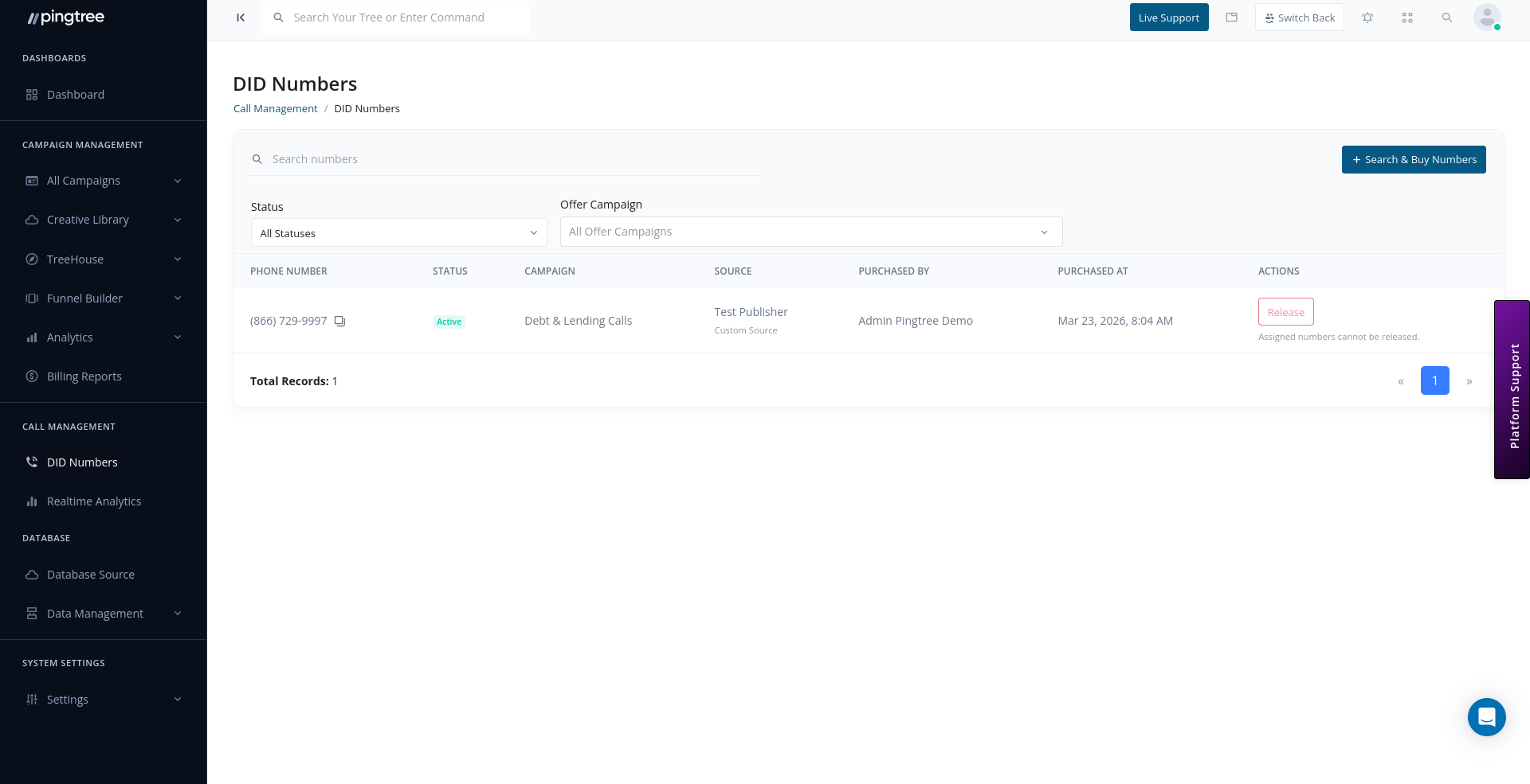 Call management overview showing DID numbers and call analytics