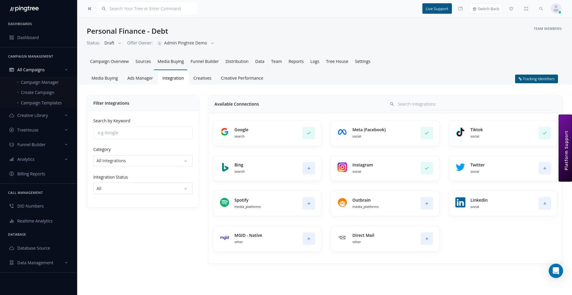 Campaign integrations showing available connections and filter options