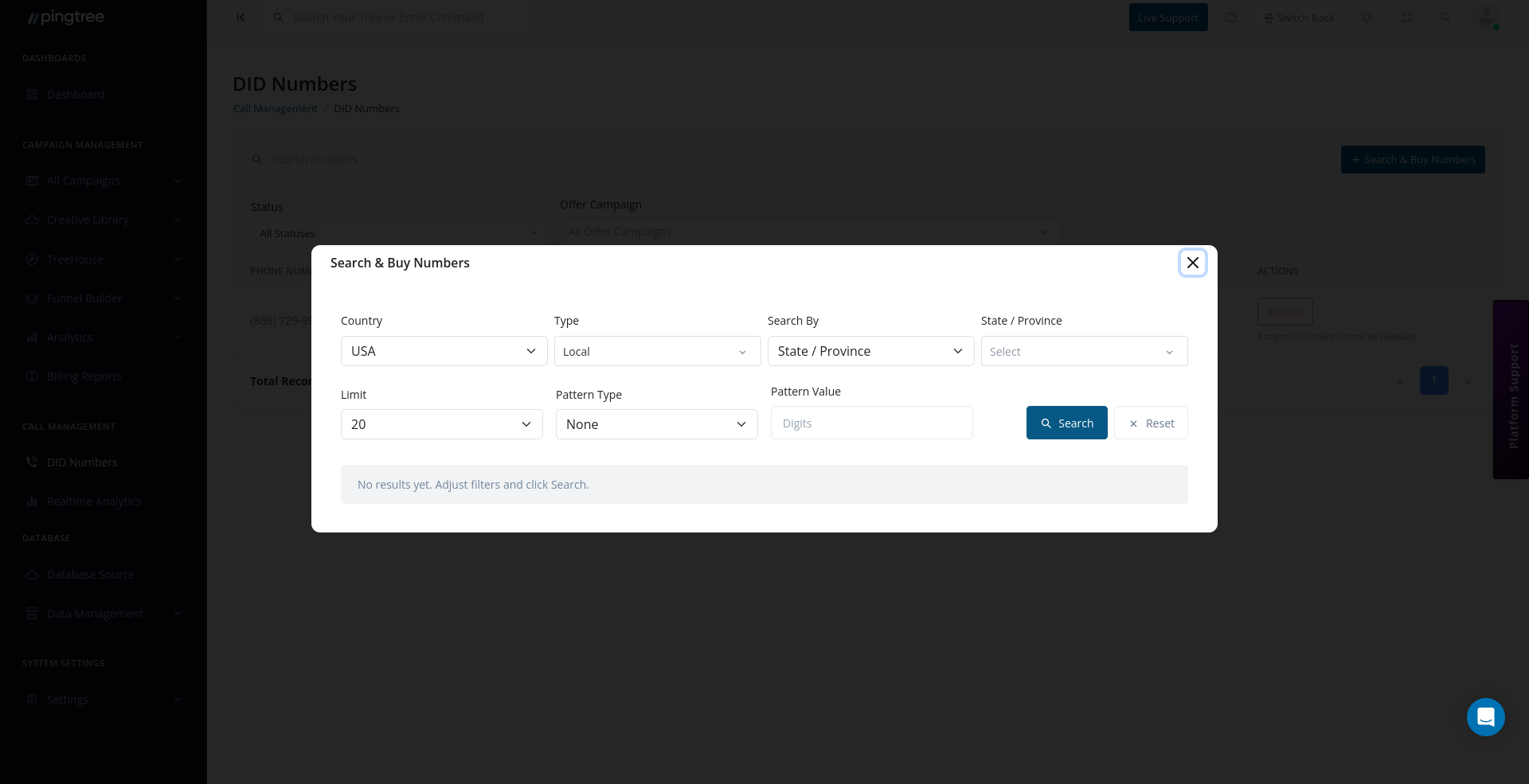Search and Buy Numbers modal with country, type, and area code filters