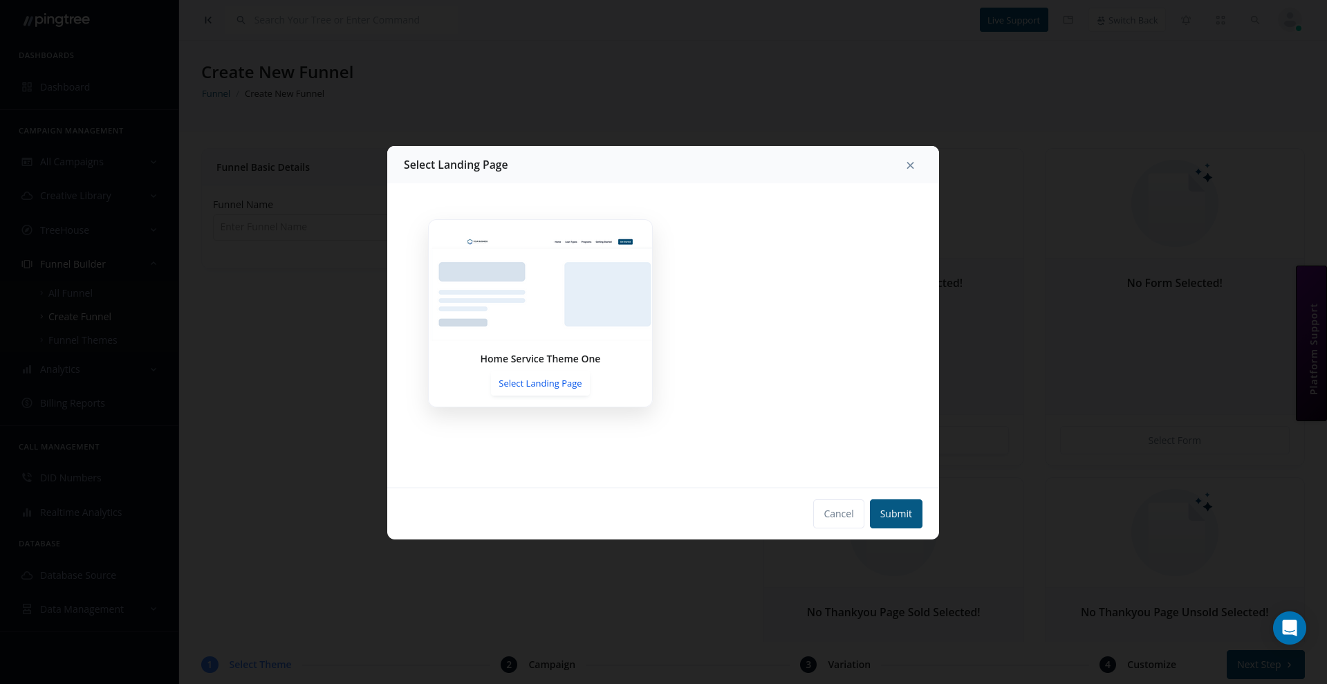 Theme selection modal showing available landing page templates