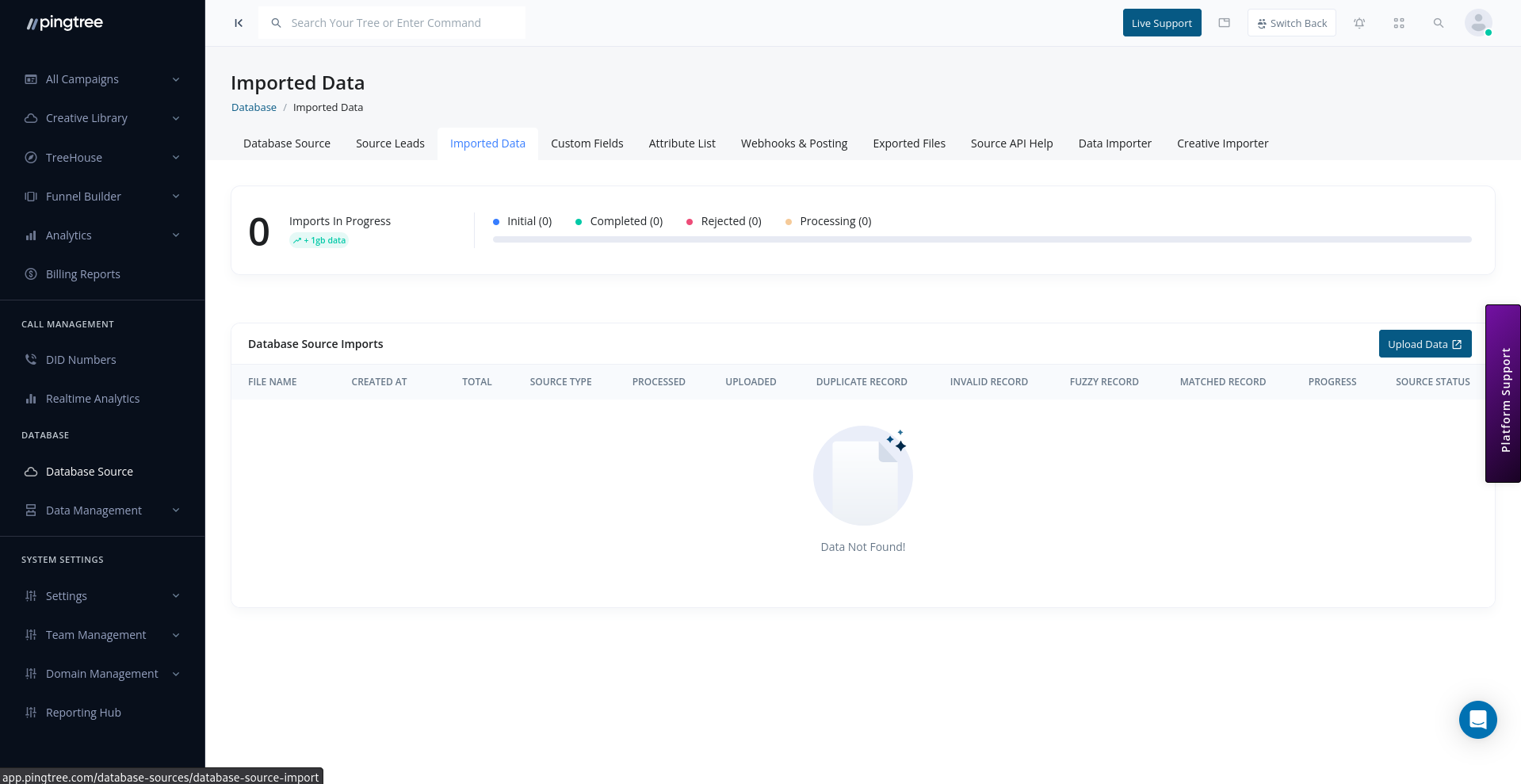 Imported Data view with import progress and file history