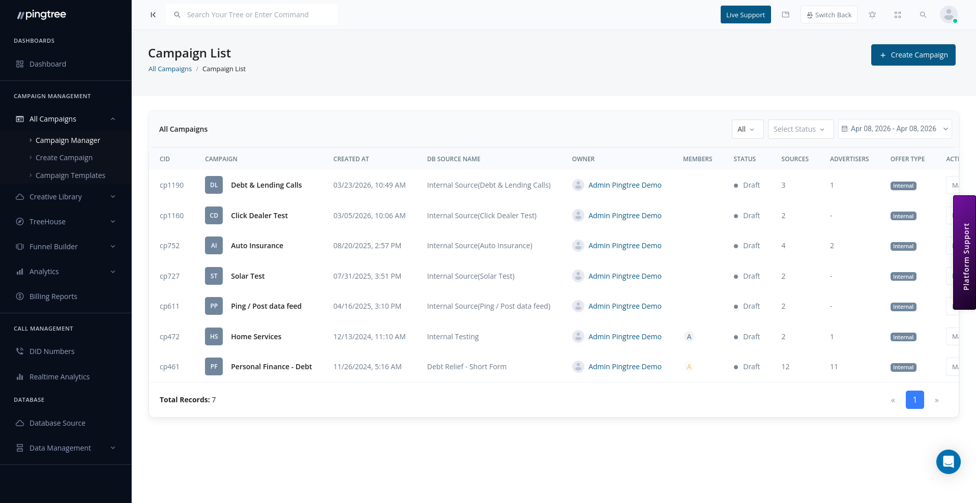 Campaign list view with search filters and action menu